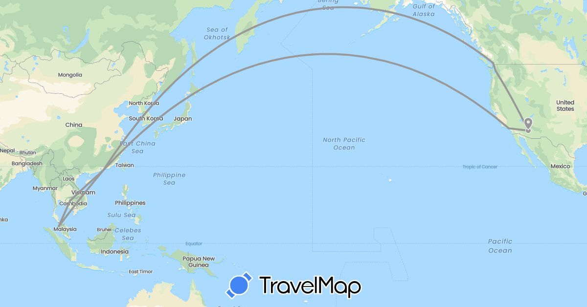 TravelMap itinerary: plane in Canada, China, Cambodia, Malaysia, United States (Asia, North America)