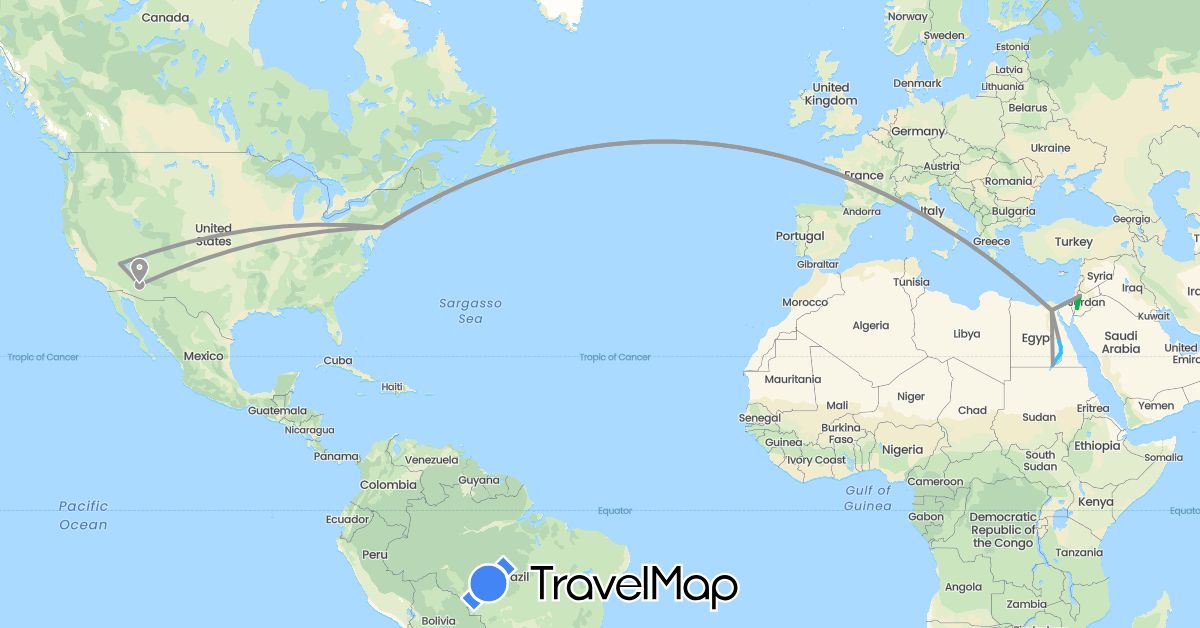 TravelMap itinerary: driving, bus, plane, boat in Egypt, Jordan, United States (Africa, Asia, North America)