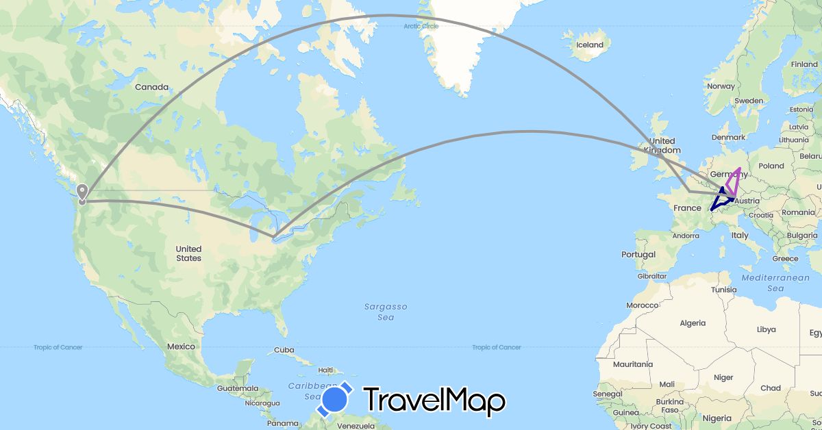 TravelMap itinerary: driving, plane, train in Switzerland, Germany, France, Liechtenstein, United States (Europe, North America)